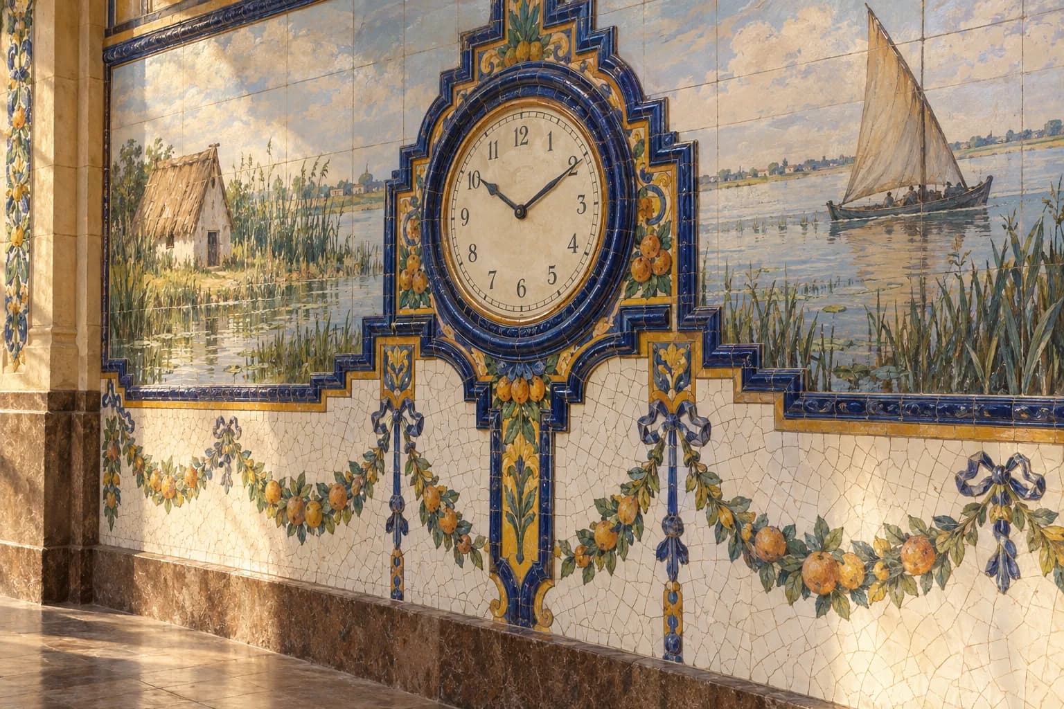 Ilustración de un detalle de la sala de mosaicos de la Estació del Nord, con reloj, cerámica blanca, lago y barca de vela