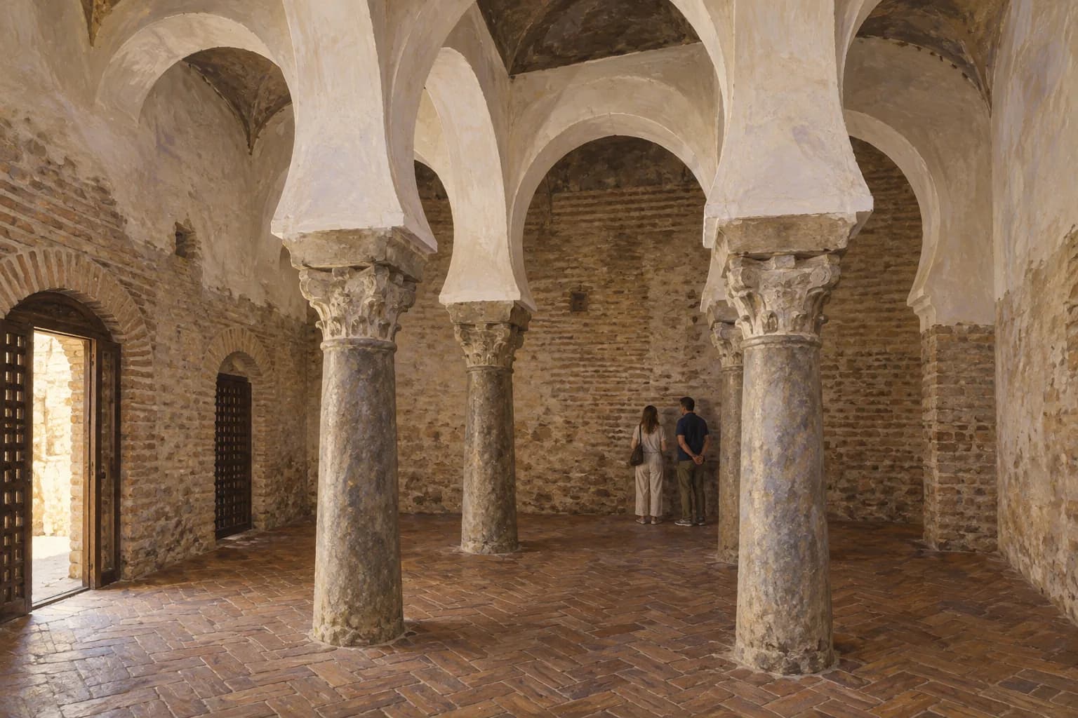 Interprétation du petit intérieur, avec des colonnes de pierre et des arcs pâles organisant ses compartiments