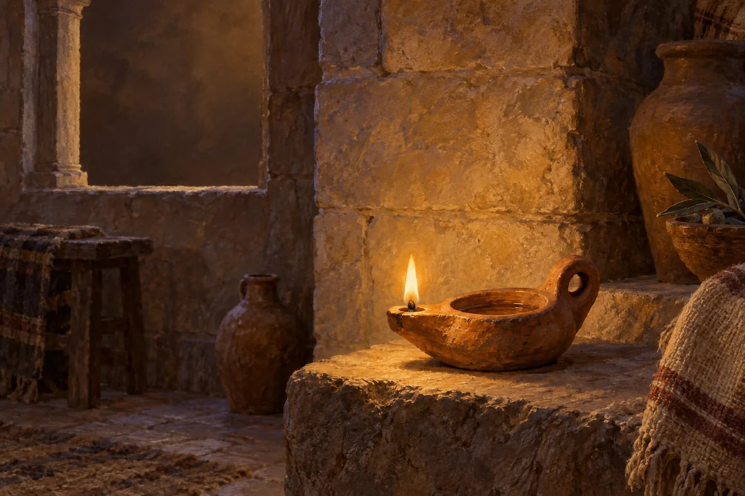Lampe à huile en terre cuite sur une étagère en pierre dans une scène chaleureuse et évocatrice