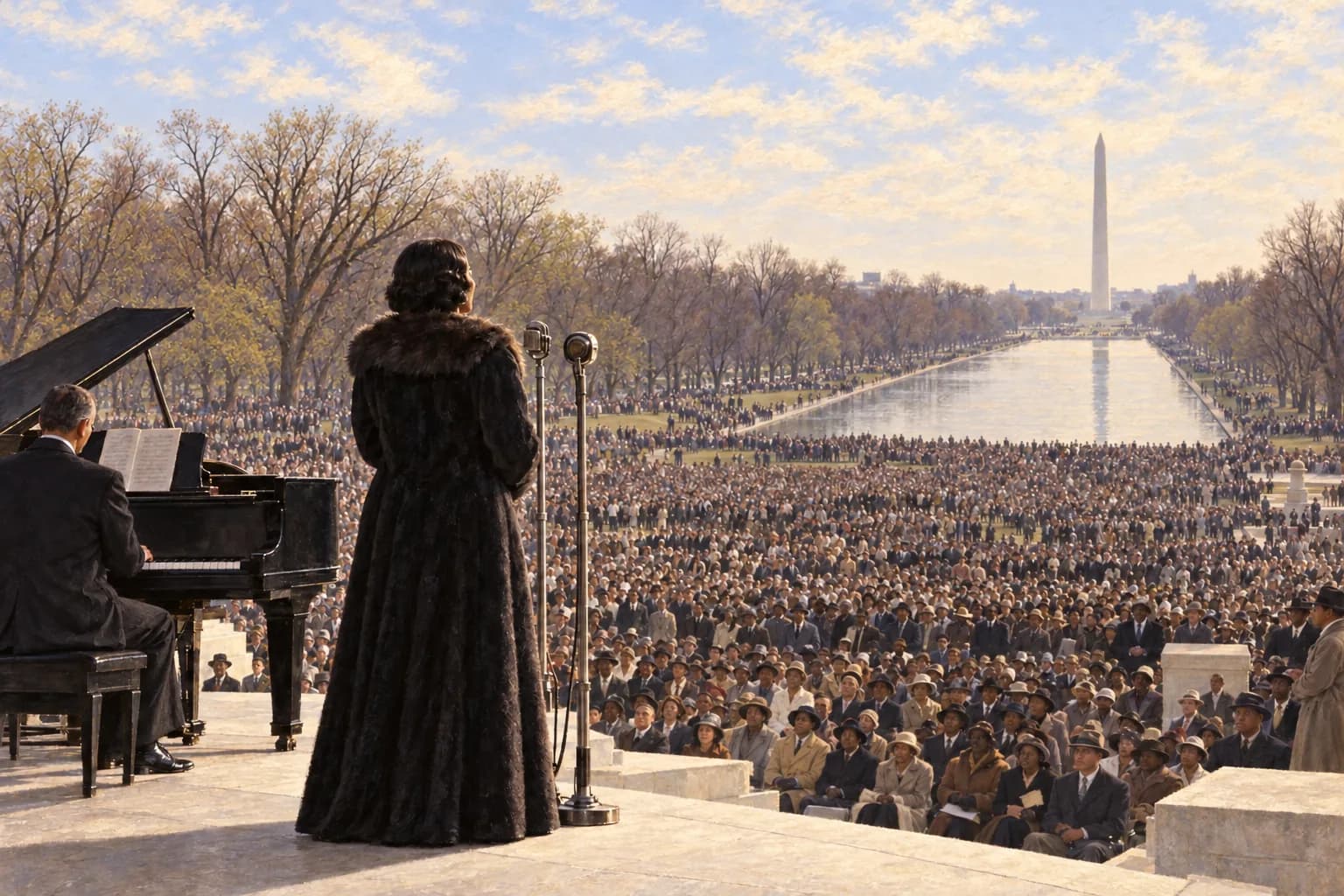 Evocazione del concerto di Marian Anderson del 1939, che mostra un pianoforte, il pubblico e la piscina verso il Monumento a Washington