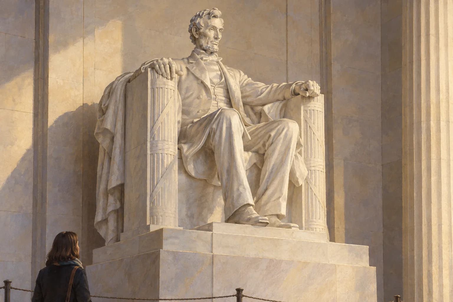 Studio illustrato in vista laterale della scultura di Abraham Lincoln seduto in marmo chiaro su un piedistallo rettangolare