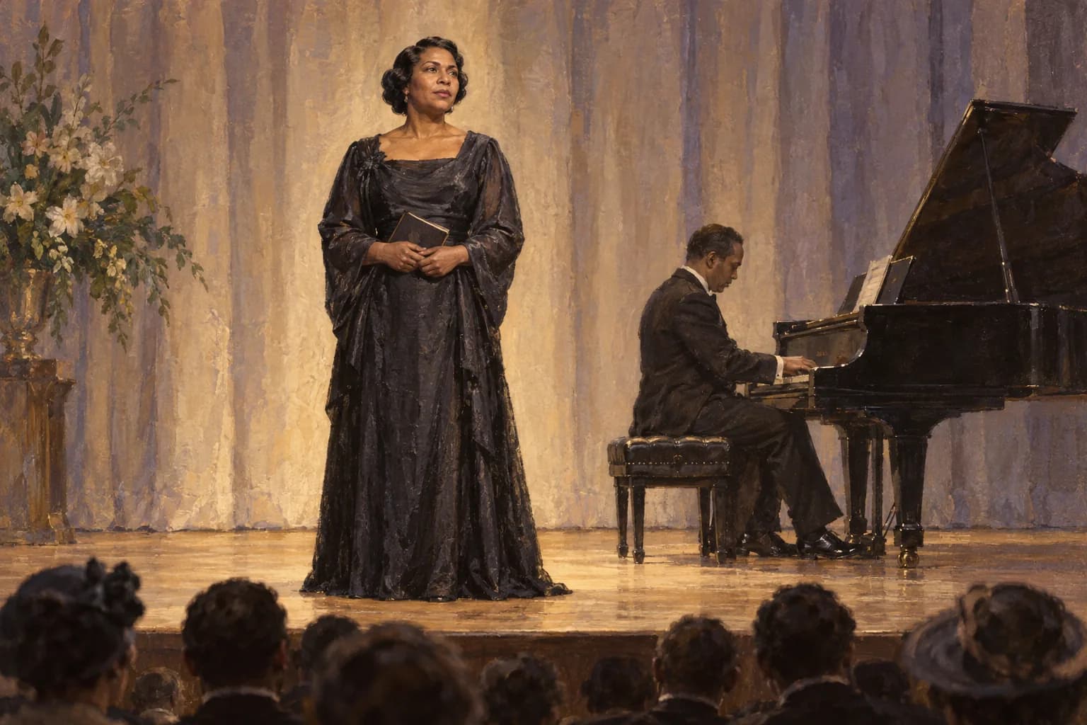 Evocazione illustrata di Marian Anderson che tiene un recital degli anni '30 con un pianista