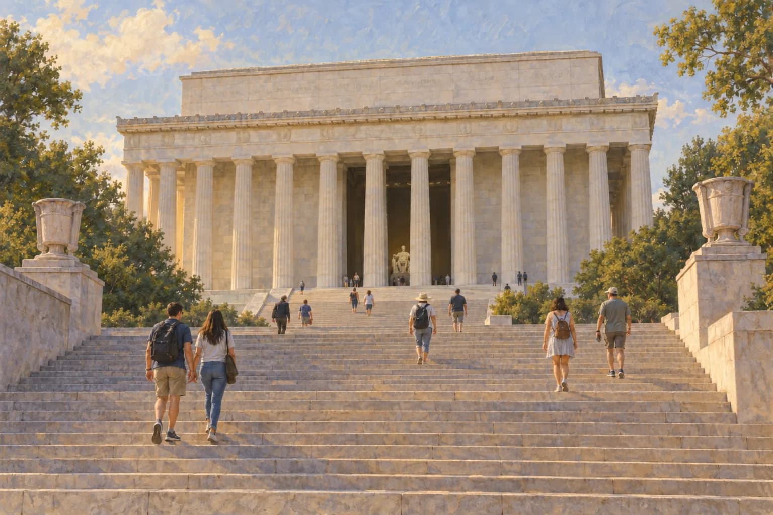 Interpretazione della facciata rettangolare del Lincoln Memorial e ampi gradini di accesso con i visitatori contemporanei