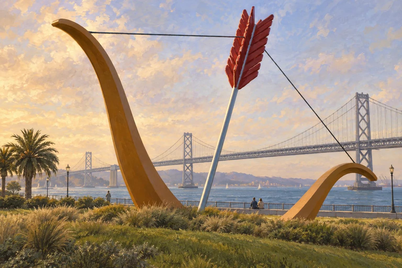 Étude illustrée de Cupid’s Span avec des branches d'arc ocre, une flèche bleu-gris, des empennages rouges et des câbles tendus.