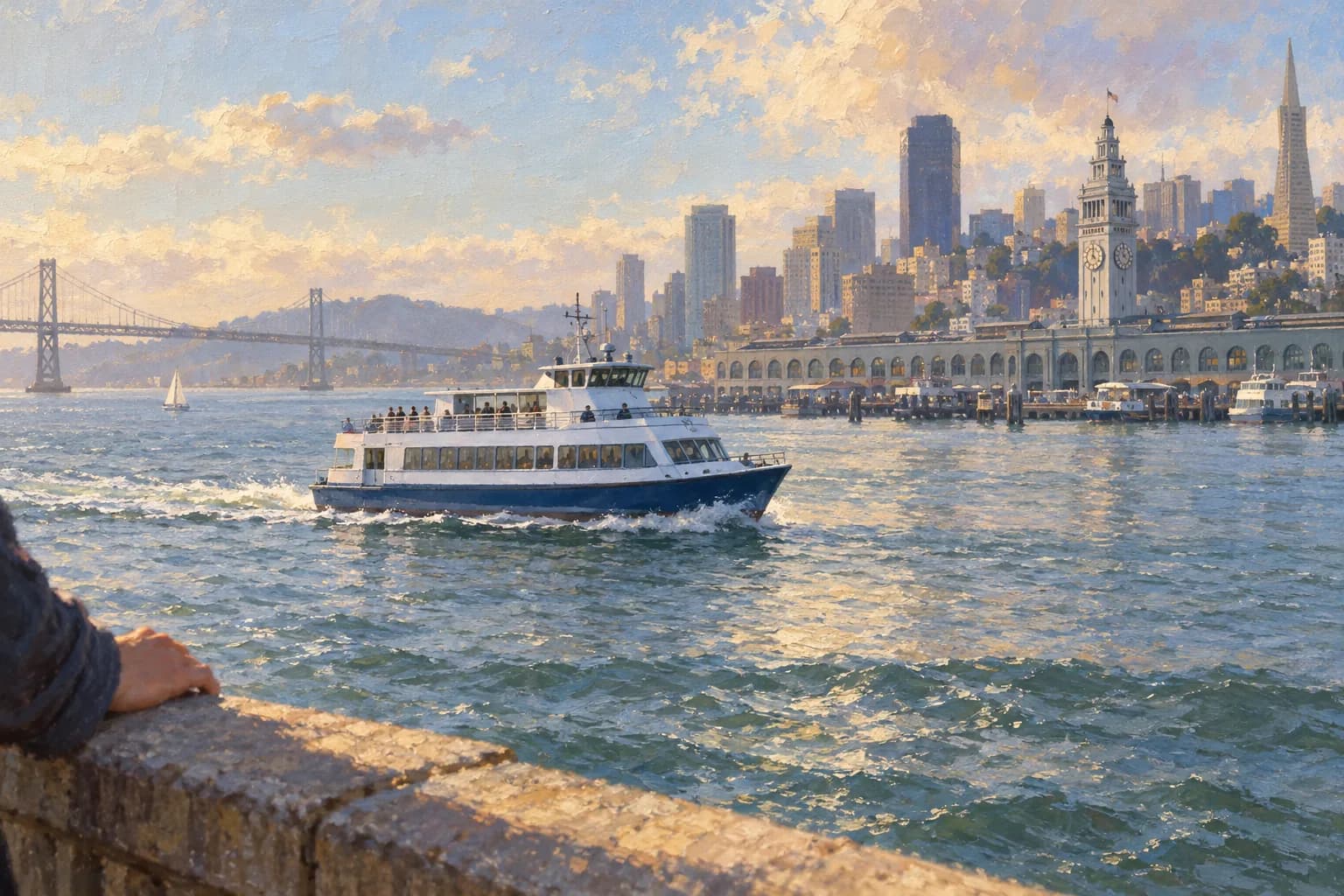 Ferry à passagers illustré sur la baie avec le Ferry Building en arrière-plan