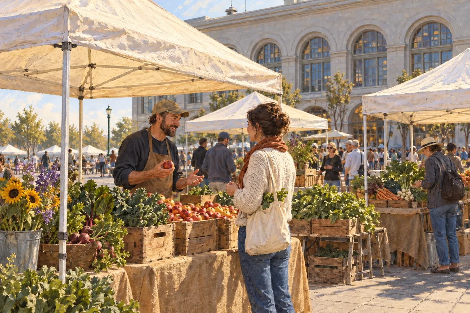 Scène illustrée d’un marché en plein air à côté de la façade voûtée du Ferry Building