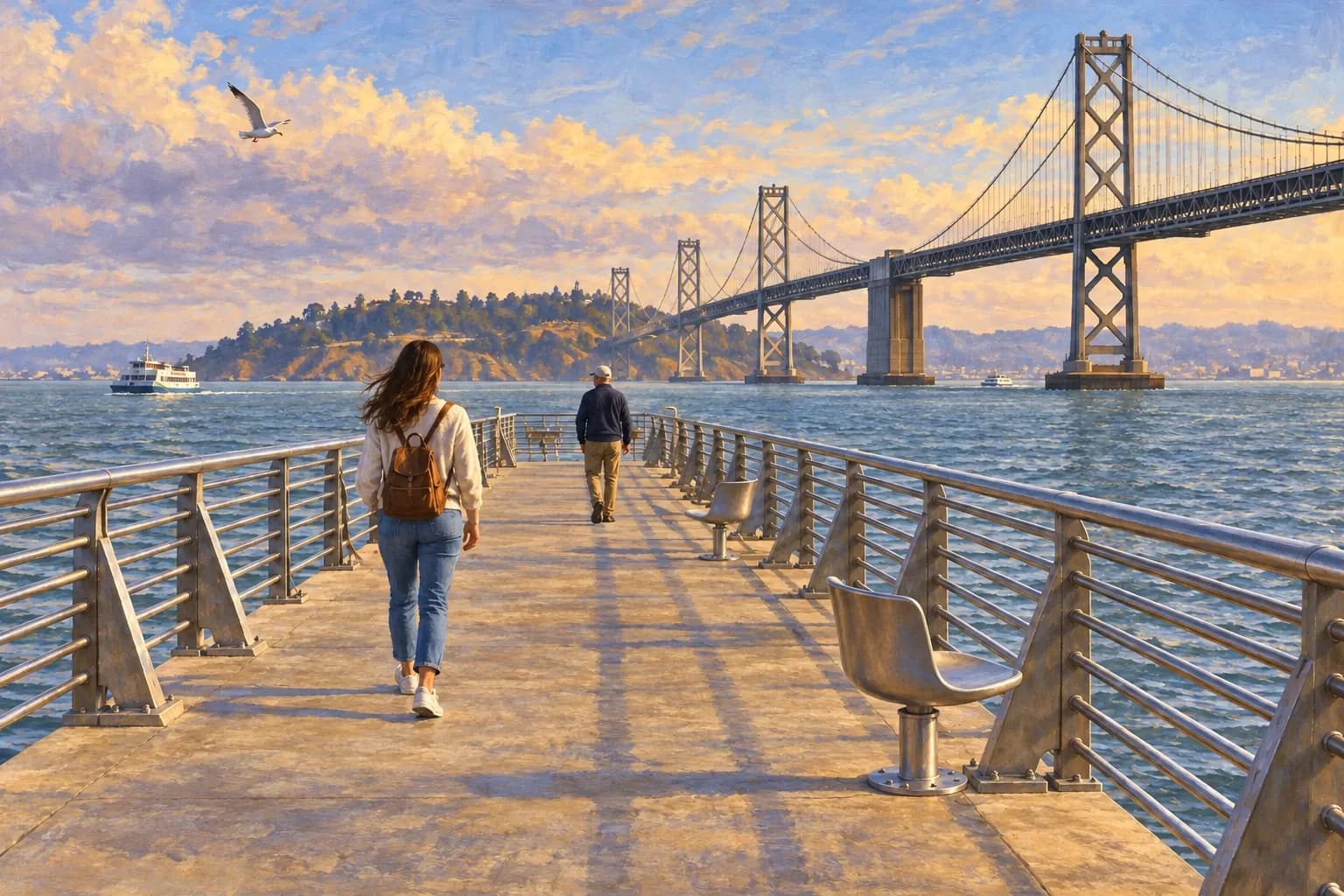 Interprétation illustrée du Pier 14, de ses garde-corps métalliques et du Bay Bridge qui traverse l'eau