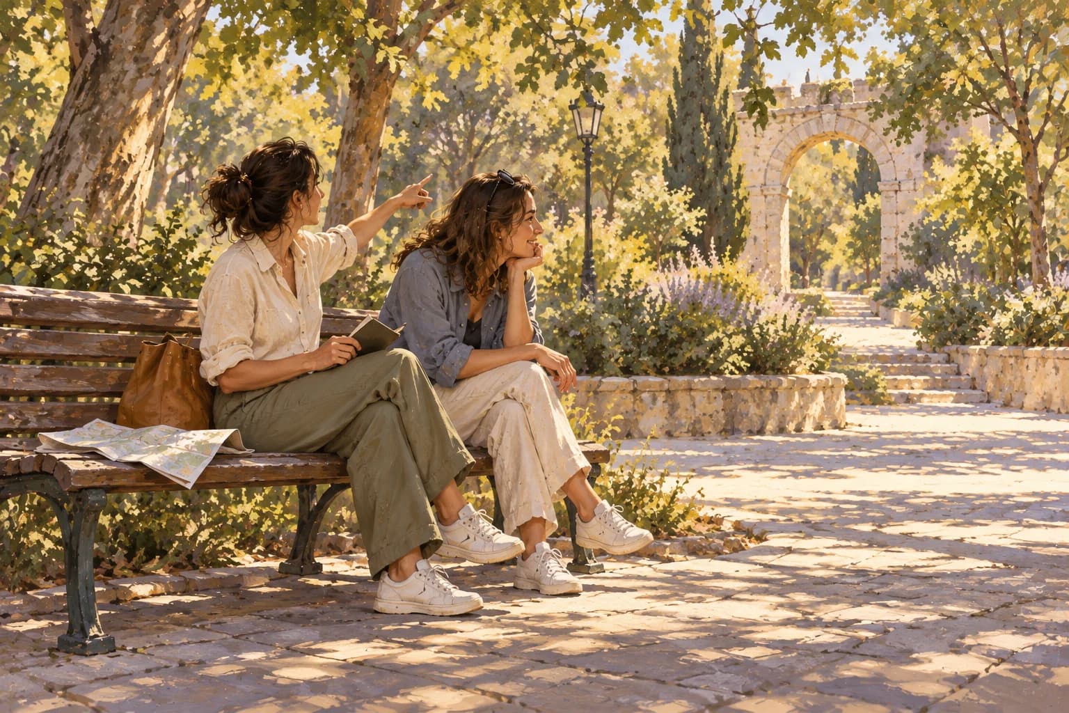 Illustrazione di due persone che conversano su una panchina in un parco, con un arco in pietra sullo sfondo e una mappa di carta accanto a loro