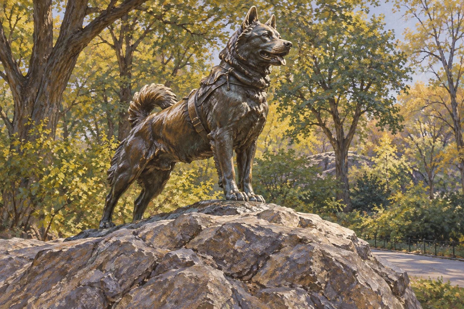 Studio illustrato della scultura in bronzo di Balto sulla sua roccia a Central Park.