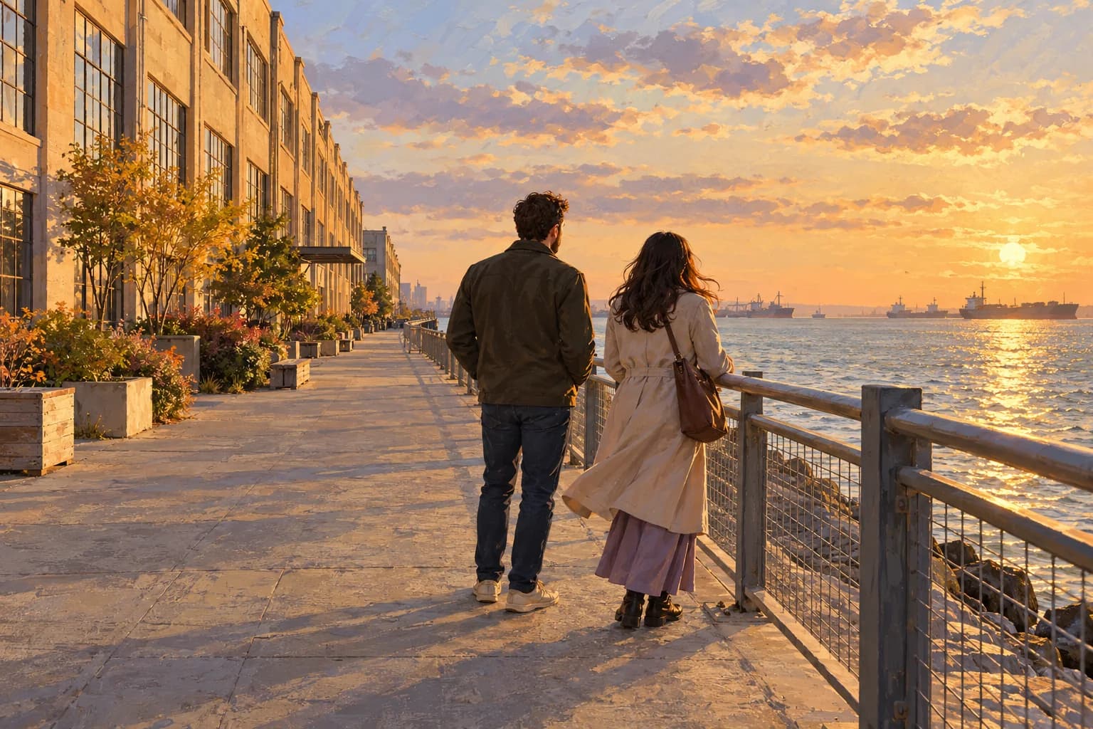 Illustration de deux personnes sur une promenade portuaire, près d’entrepôts et d’un garde-corps