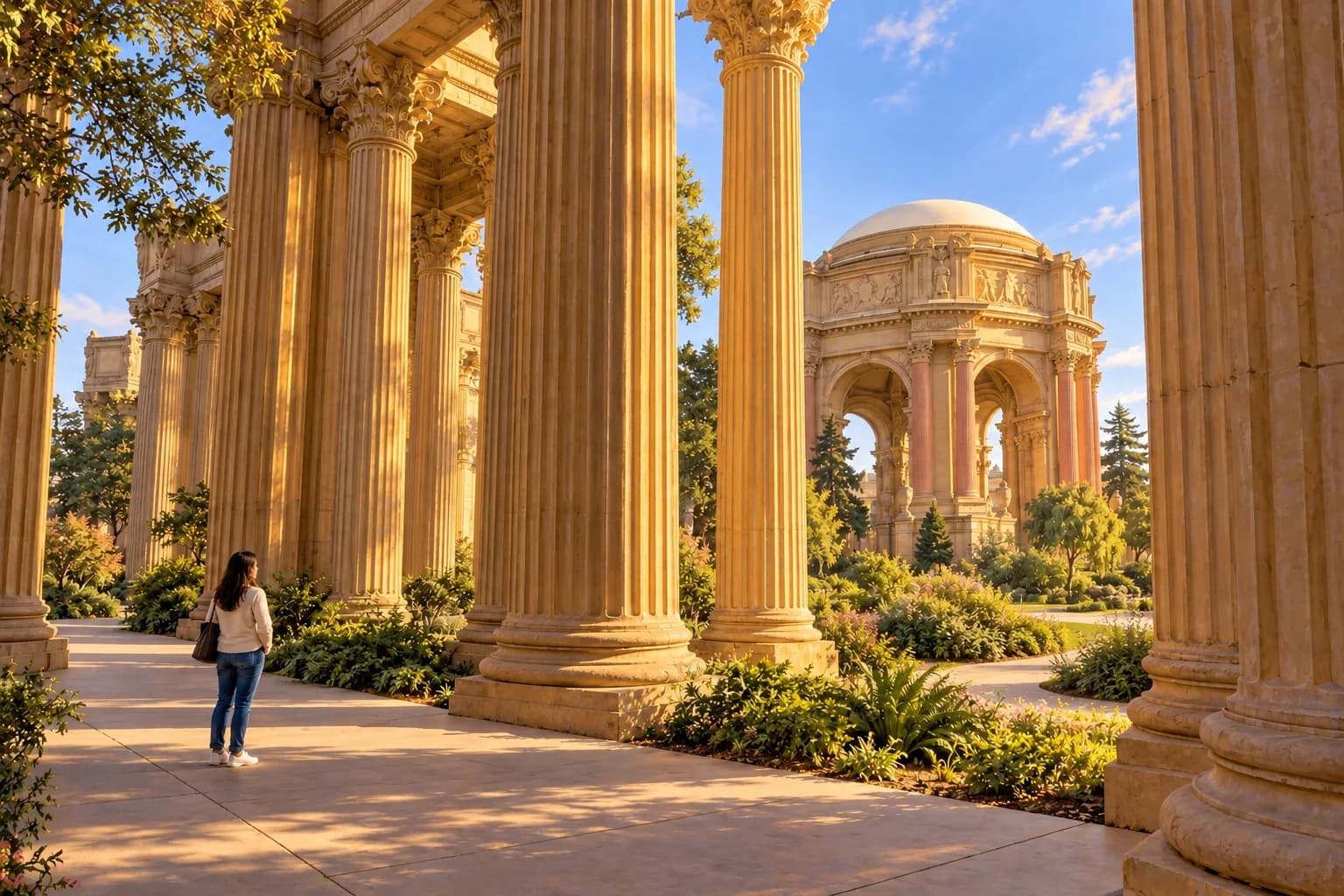 Illustrazione di una persona vicino alle colonne del Palace of Fine Arts, con rotonda e giardino sullo sfondo