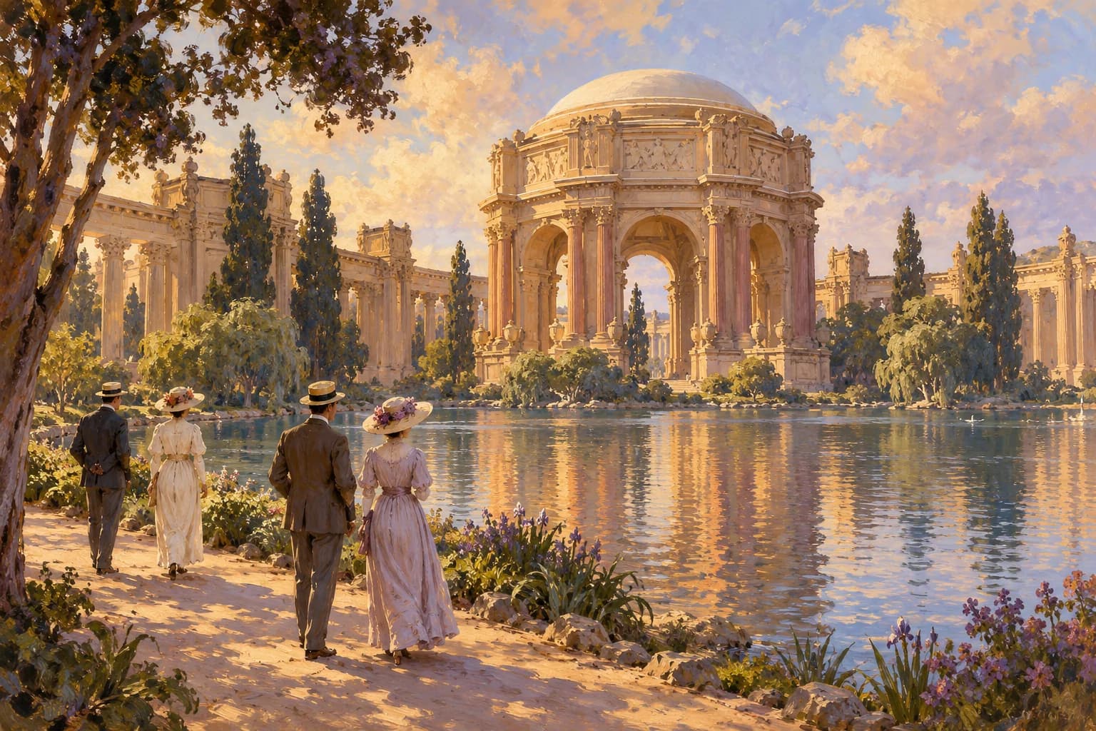 Illustrazione evocativa di visitatori vestiti nello stile del 1915 davanti alla laguna e alla rotonda del Palace of Fine Arts