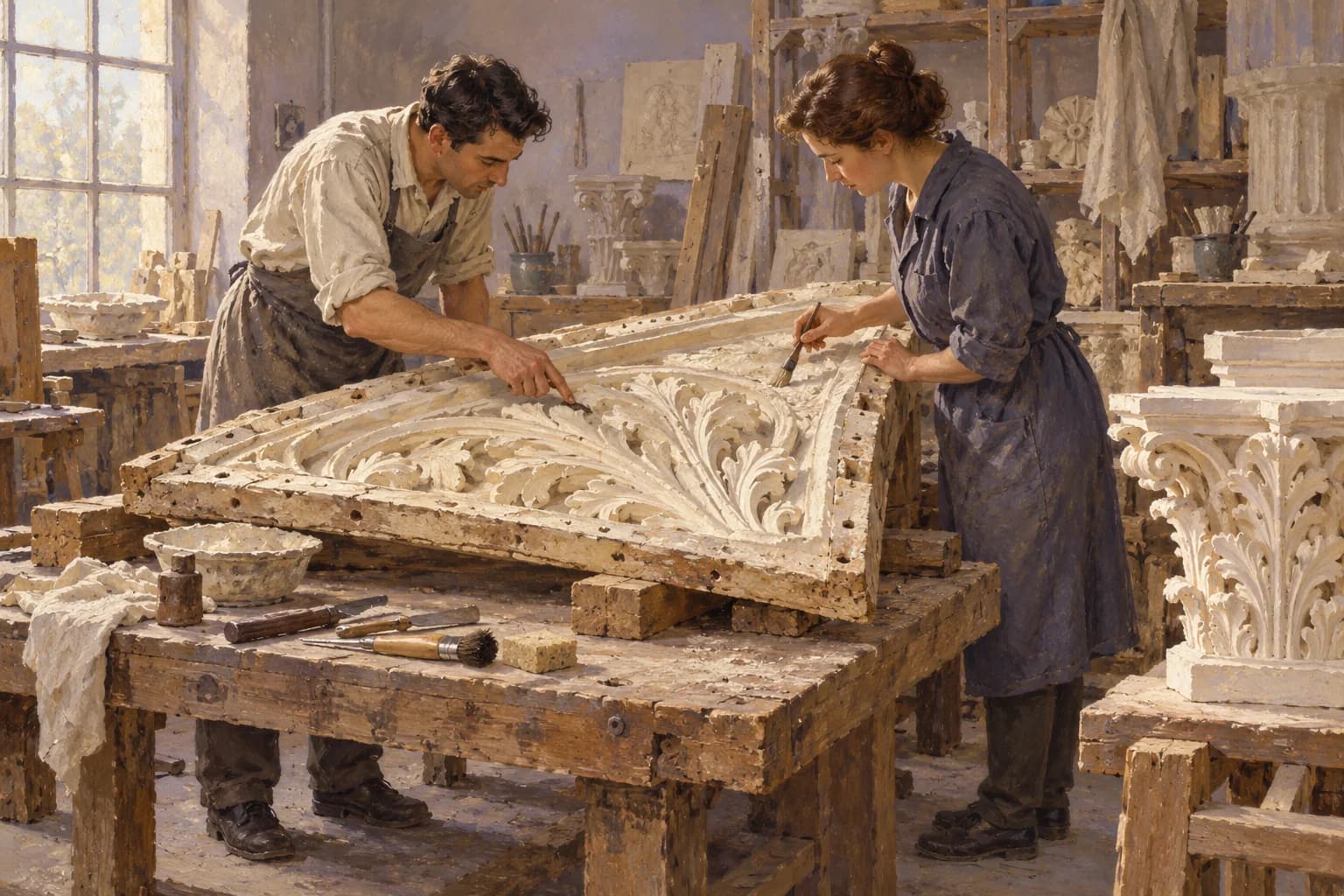 Illustrazione di due lavoratori che esaminano un elemento ornamentale appoggiato su un robusto banco da lavoro