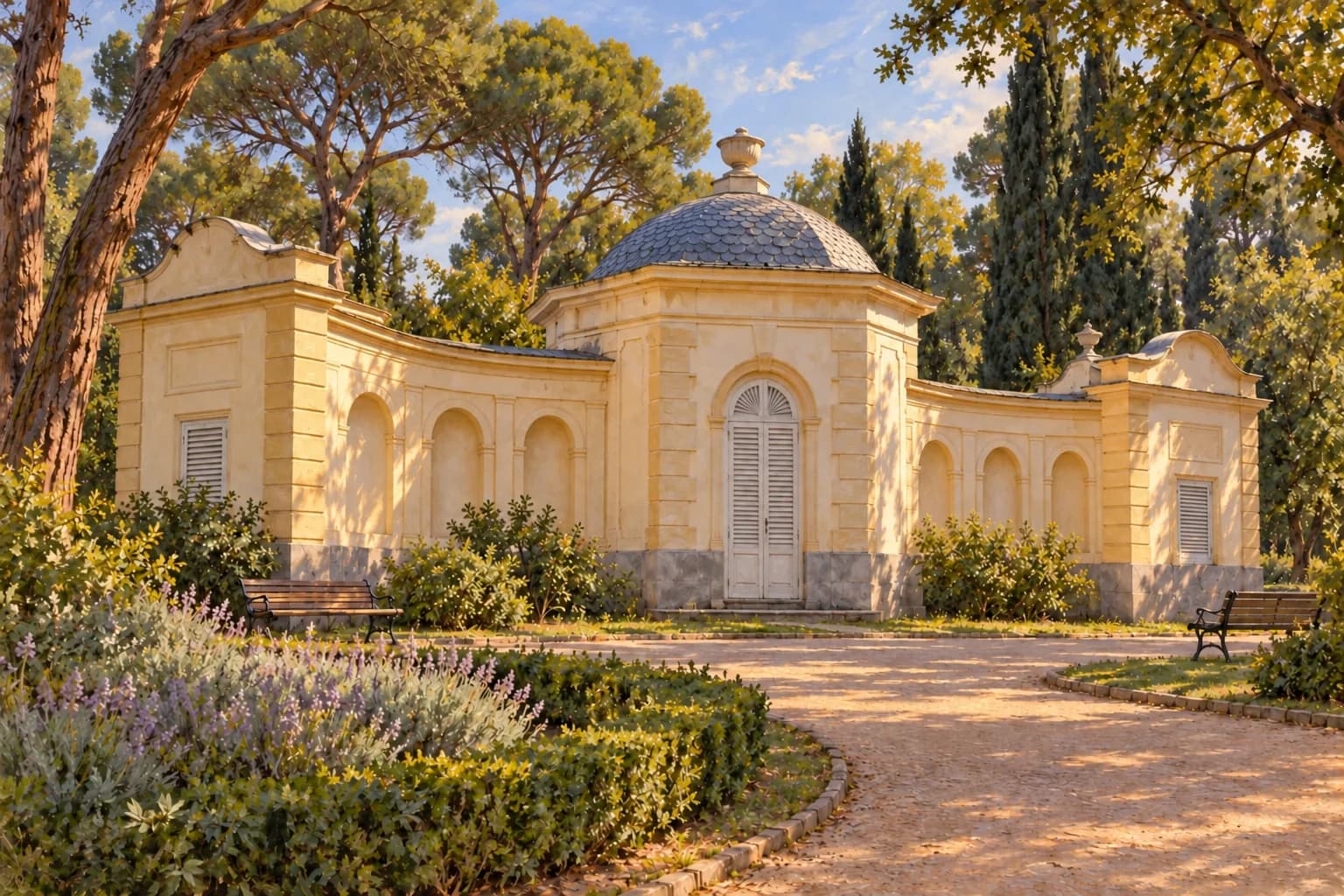 Le pavillon El Abejero, sa coupole grise et ses ailes basses parmi les arbres.