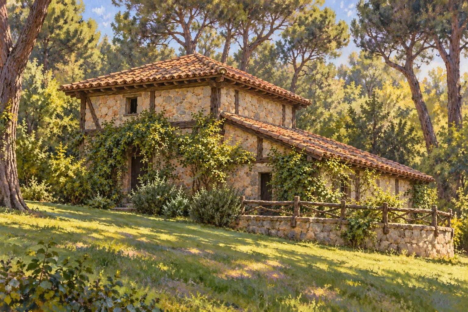 La Casa de la Vieja, en pierre et en bois, sous les pins du jardin.