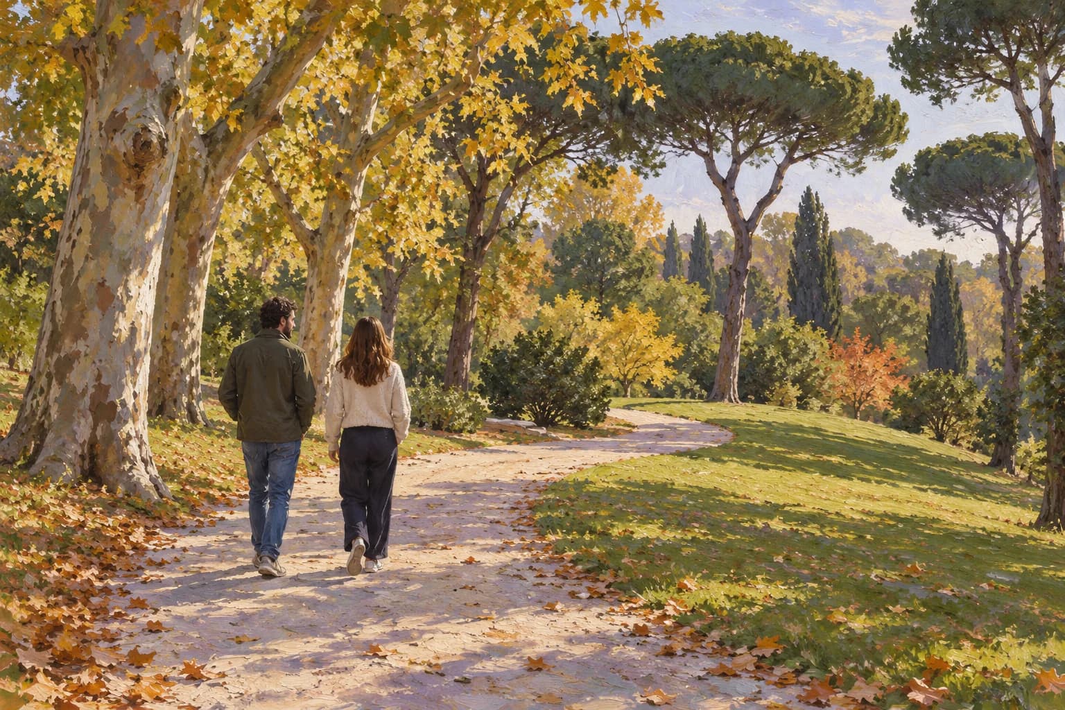 Deux personnes suivent une allée courbe entre de grands arbres et des pelouses.