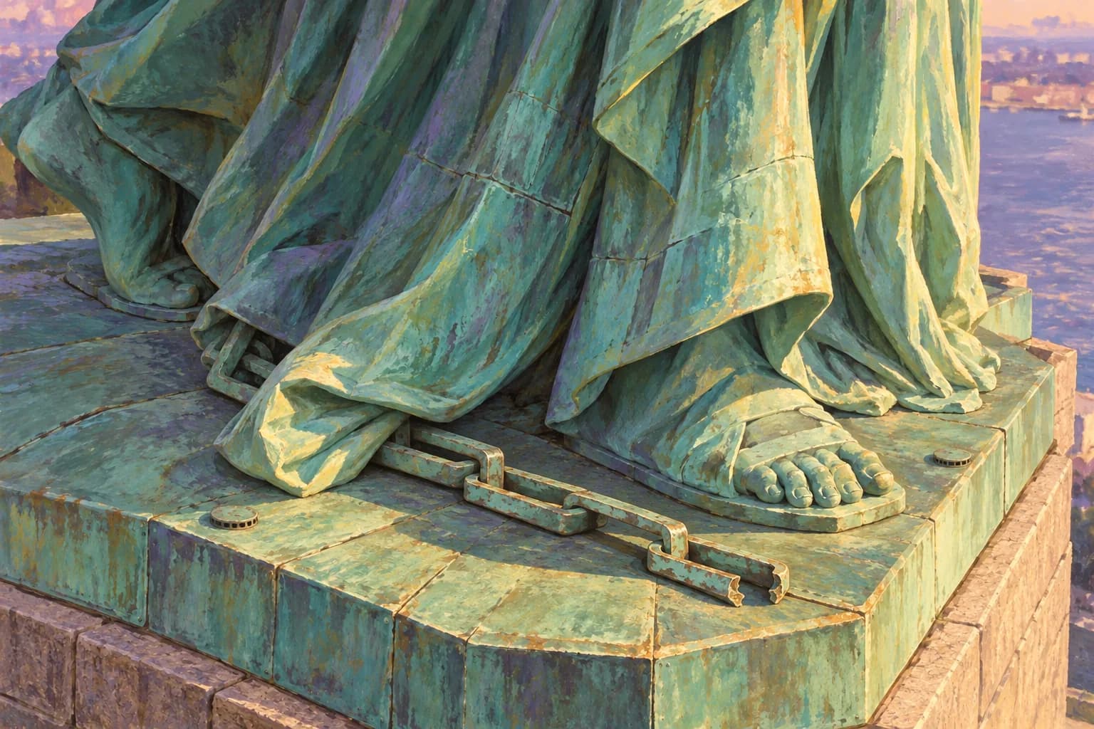 Dettaglio illustrato del panneggio, dei piedi e della catena spezzata in rame patinato.