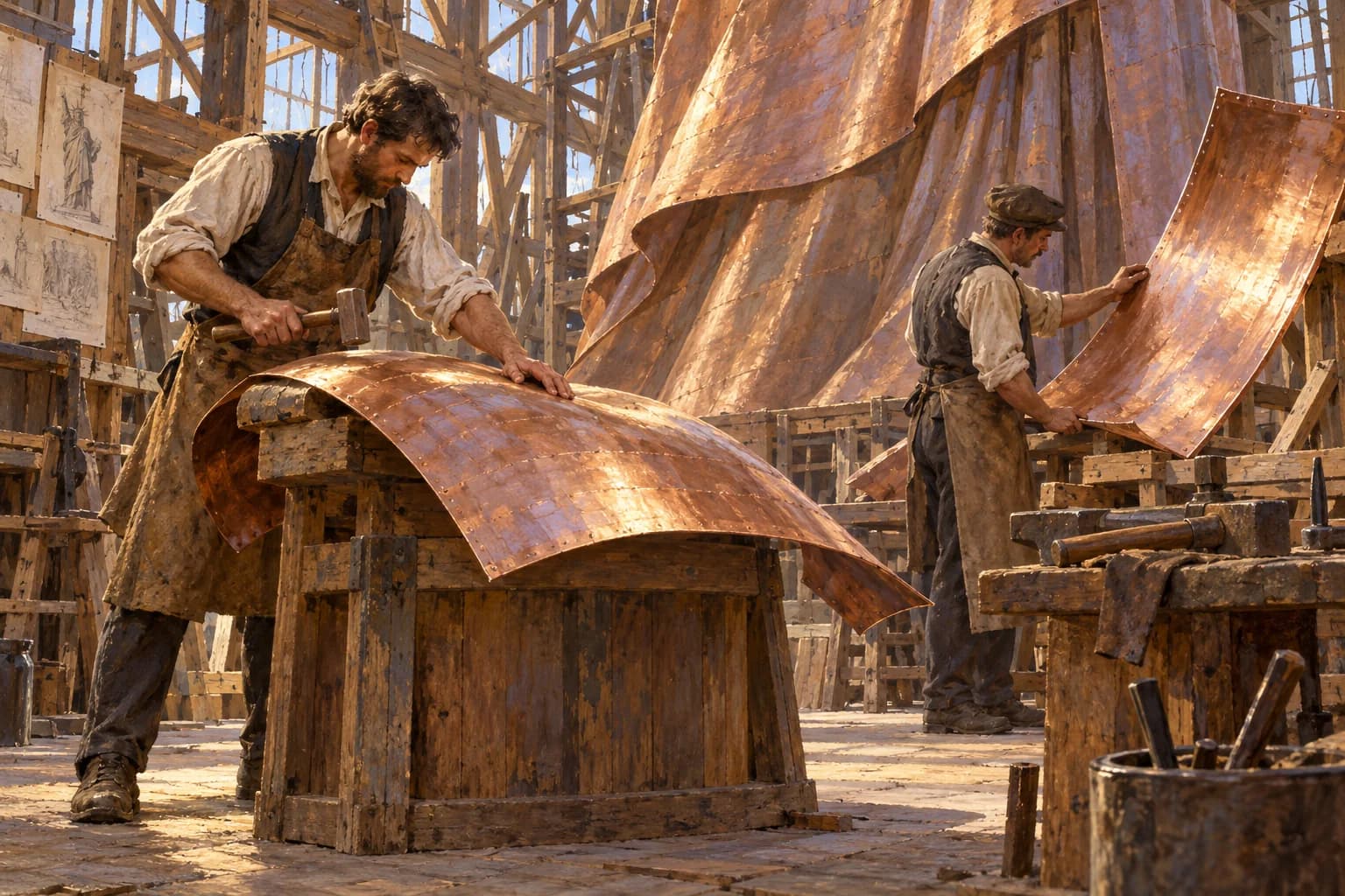 Artigiani lavorano lastre curve di rame su supporti di legno in un laboratorio.