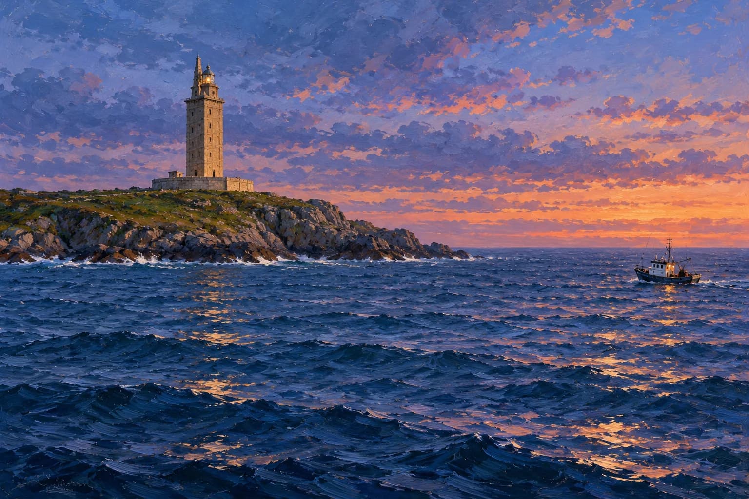 Le phare à la tombée du jour au-dessus de la côte, avec un petit bateau au large.