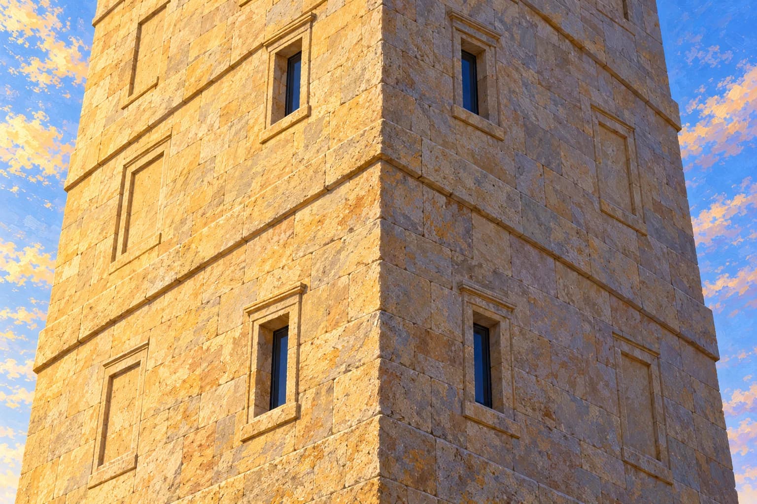 Détail peint de deux façades en granit, avec des ouvertures rectangulaires et des bandes diagonales.
