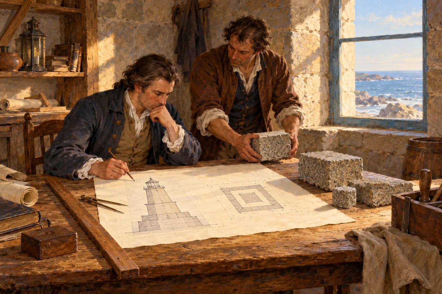 Deux hommes étudient un dessin géométrique et un bloc de granit sur une table en bois.