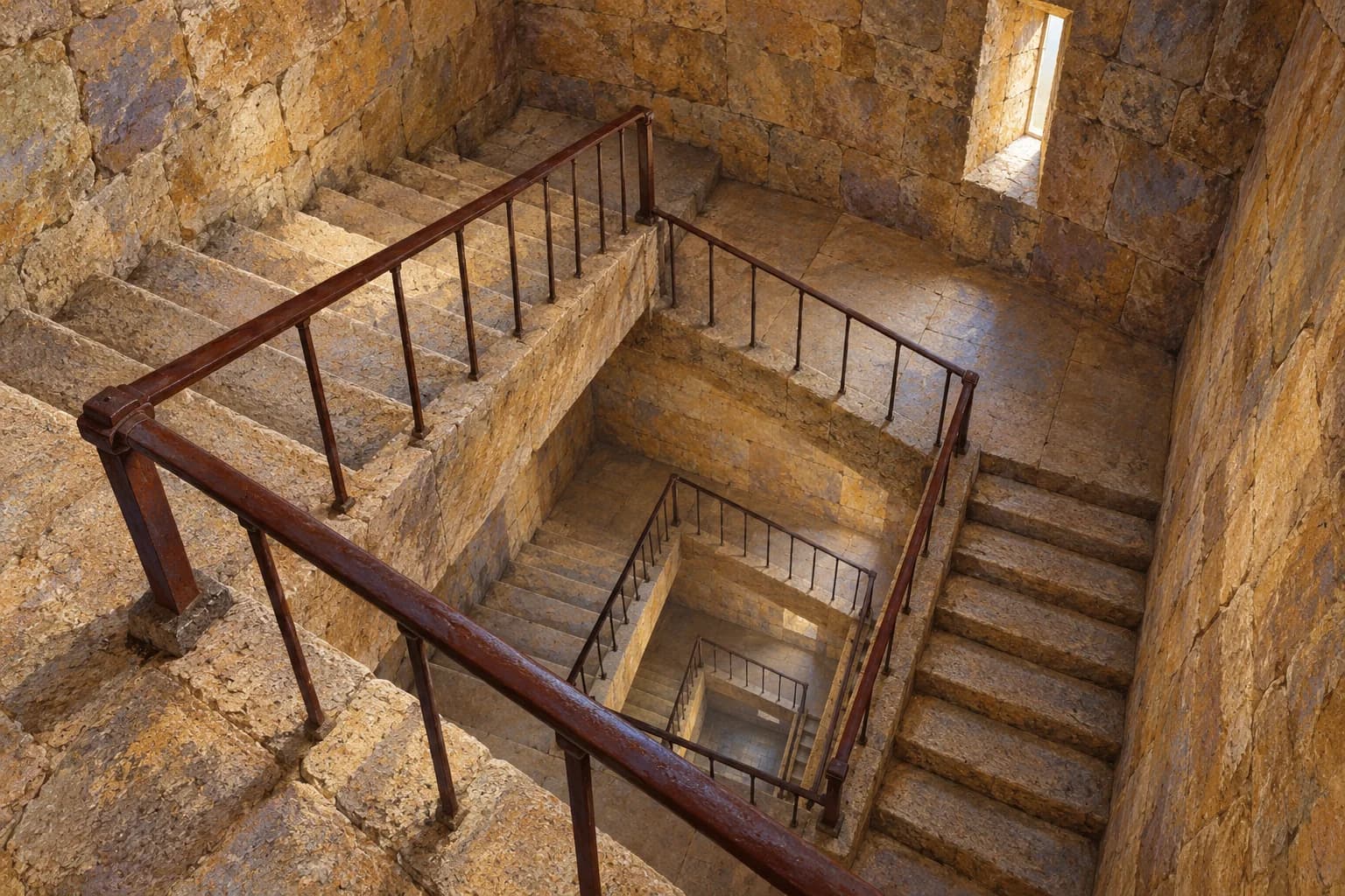 Des volées de marches et des paliers en pierre entourent une cage carrée, bordée de garde-corps métalliques.