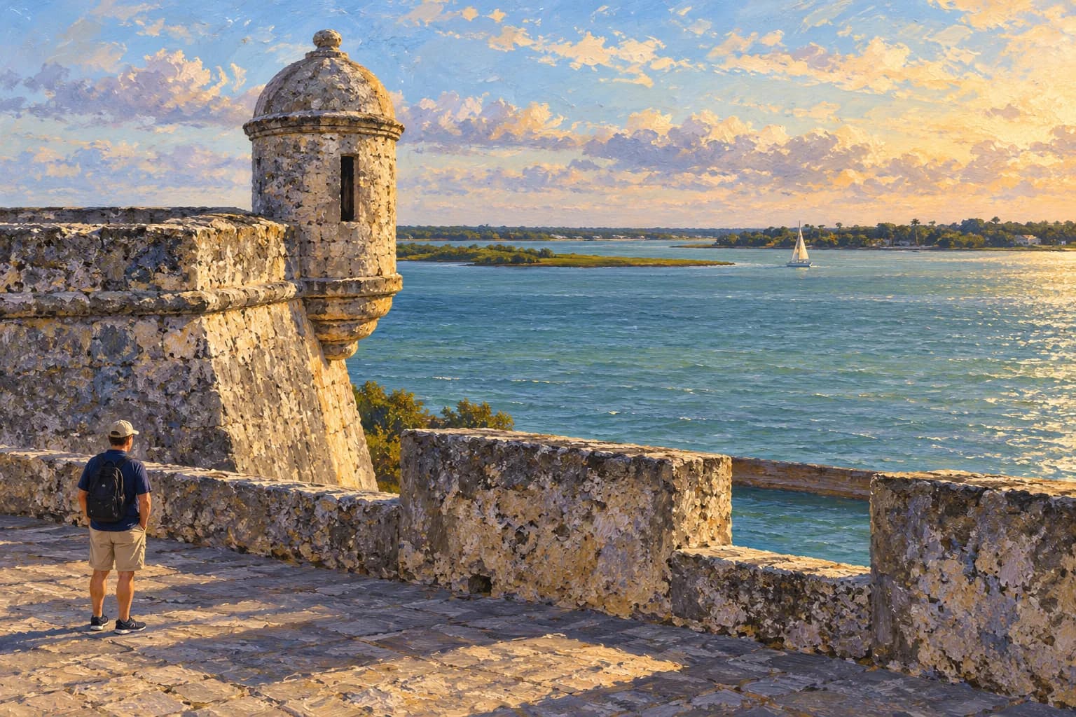 Una piccola garitta di pietra sul bastione, davanti all’orizzonte basso di Matanzas Bay.