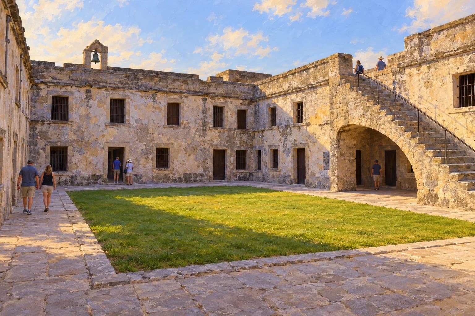Il cortile attuale con prato centrale, porte rettangolari e una scala di pietra sostenuta da un grande arco.
