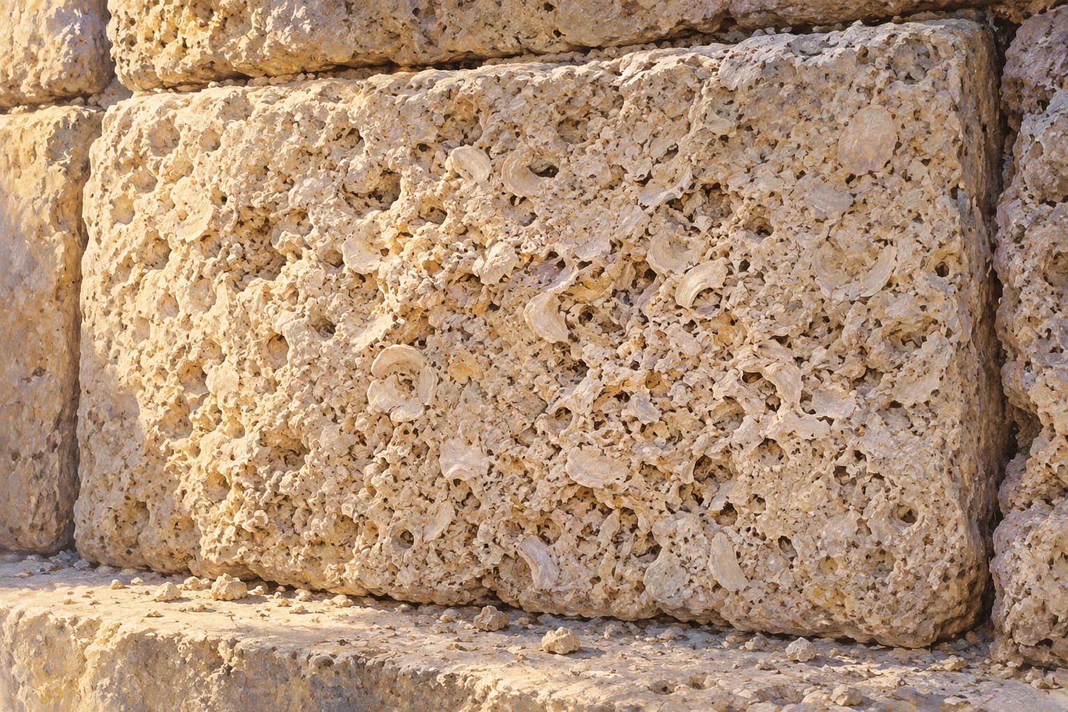 Dettaglio dipinto di un blocco poroso, con piccoli frammenti di conchiglie cementati in una matrice chiara.
