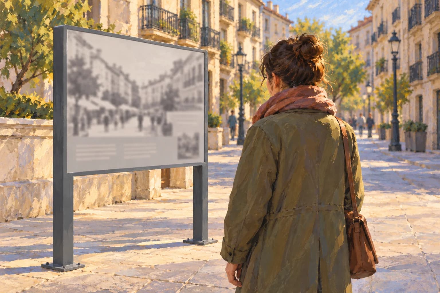Una persona si ferma davanti a un pannello dedicato alla memoria di una città.