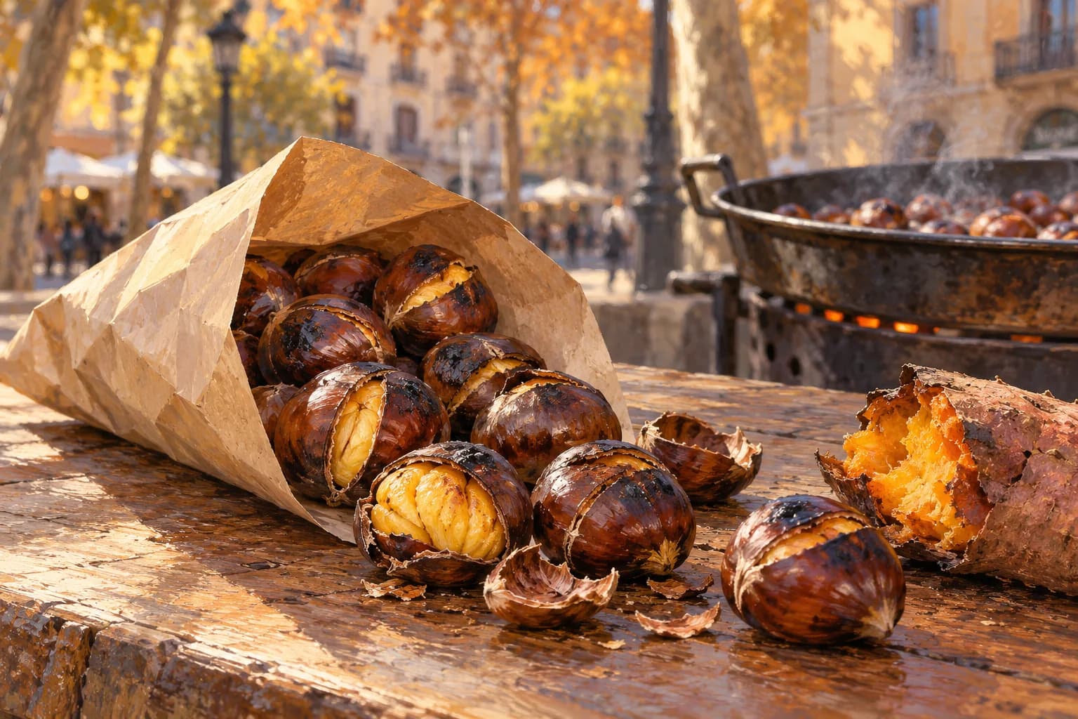 Châtaignes grillées dans un cornet, avec une patate douce ouverte sur une table.