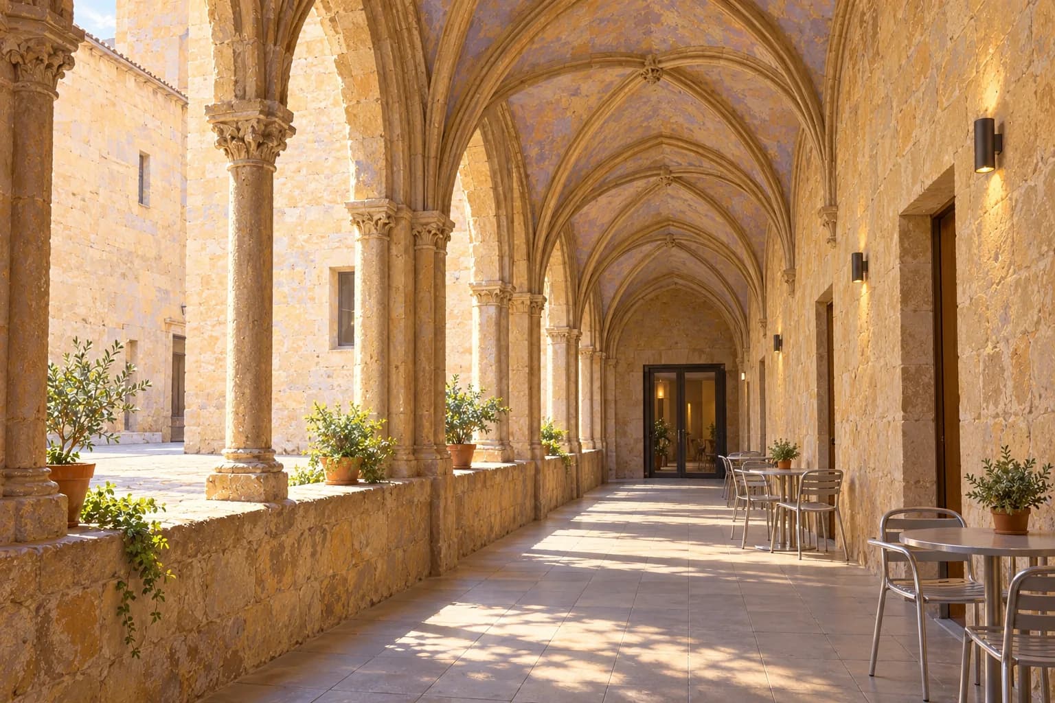 Galerie de pierre aux voûtes nervurées et arcs brisés, avec quelques tables discrètes au fond.