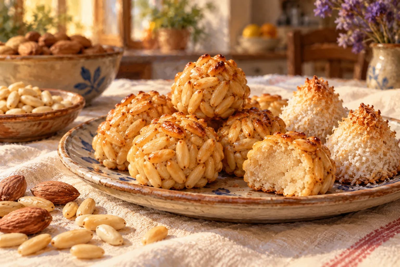 Panellets ronds couverts de pignons, variétés à la noix de coco et douceur coupée montrant son intérieur.