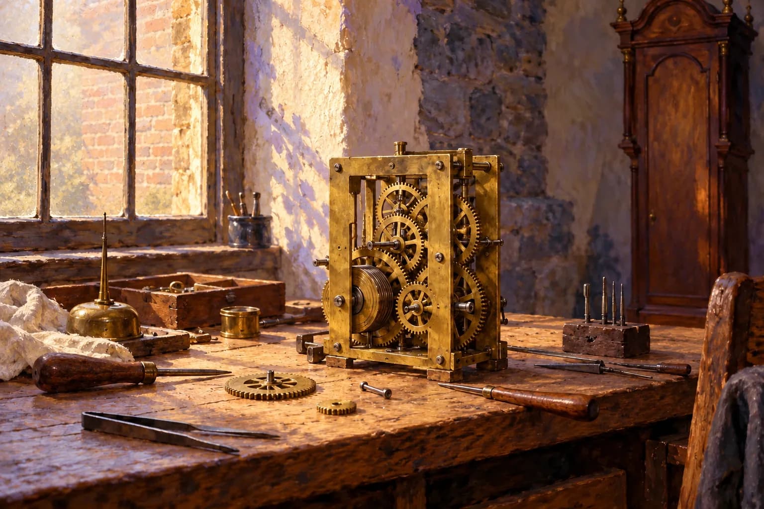 Attrezzi e un meccanismo di orologio su un banco di legno accanto a una finestra.