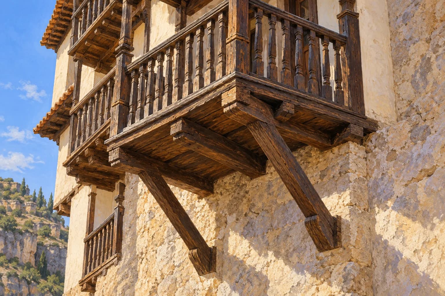 Détail de poteaux, garde-corps et jambes de force d’un balcon de bois rejoignant la maçonnerie.