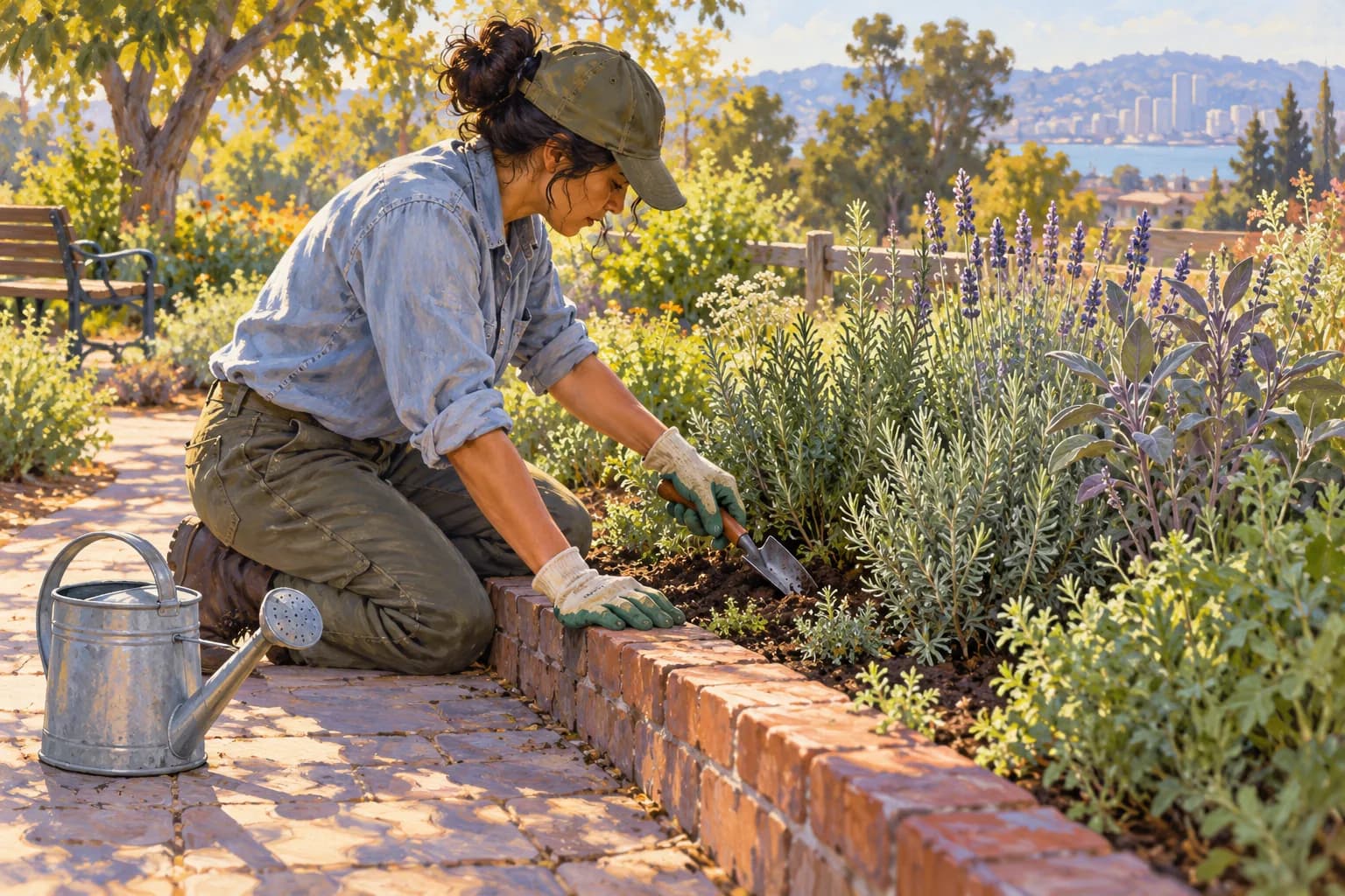 Una persona cuida un bancal de plantas aromáticas con una herramienta de mano.