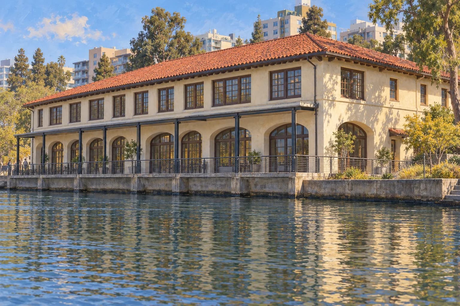 Fachada crema del Municipal Boathouse, con tejado de teja, ventanas superiores y terraza junto al agua.