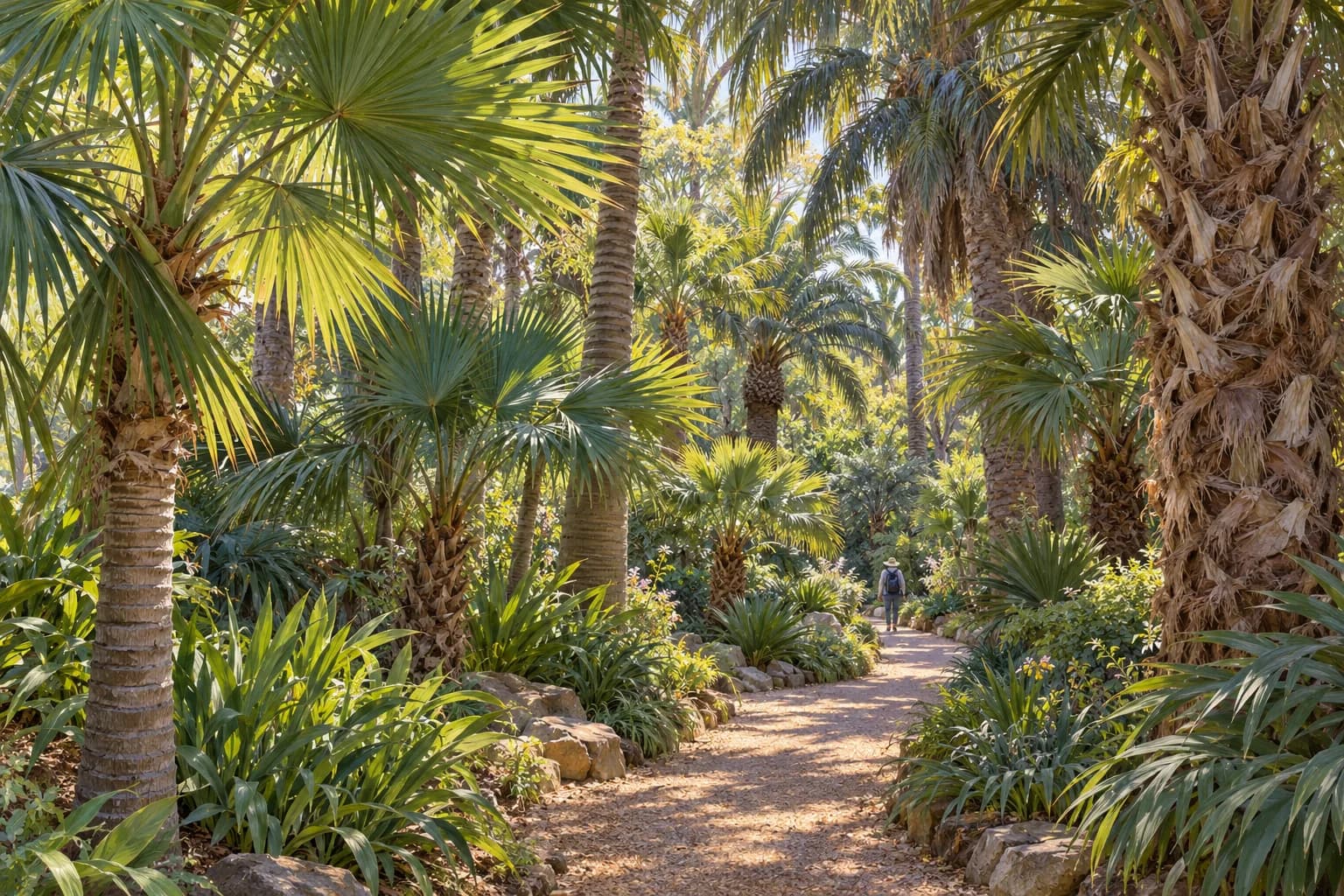 Un sendero entre palmeras de hojas en abanico y troncos de distintas formas.