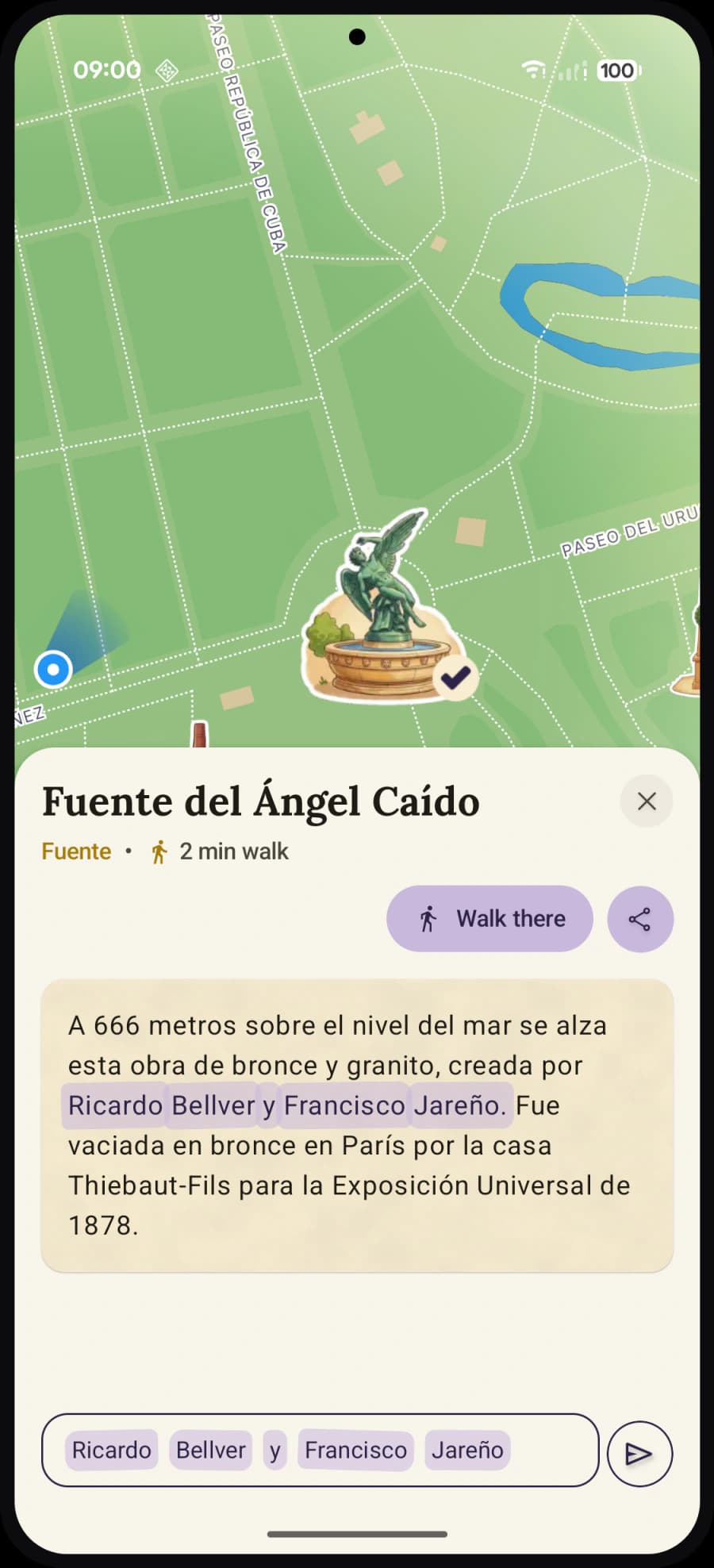 Detalle del lugar en Waonder de la Fuente del Ángel Caído con hilos para tocar y preguntar