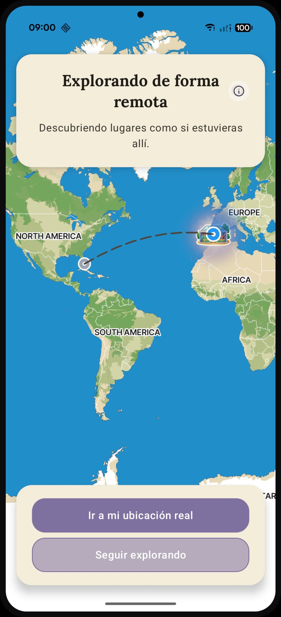 Mapa mundial del modo Explorar a distancia de Waonder, explorando un destino lejano