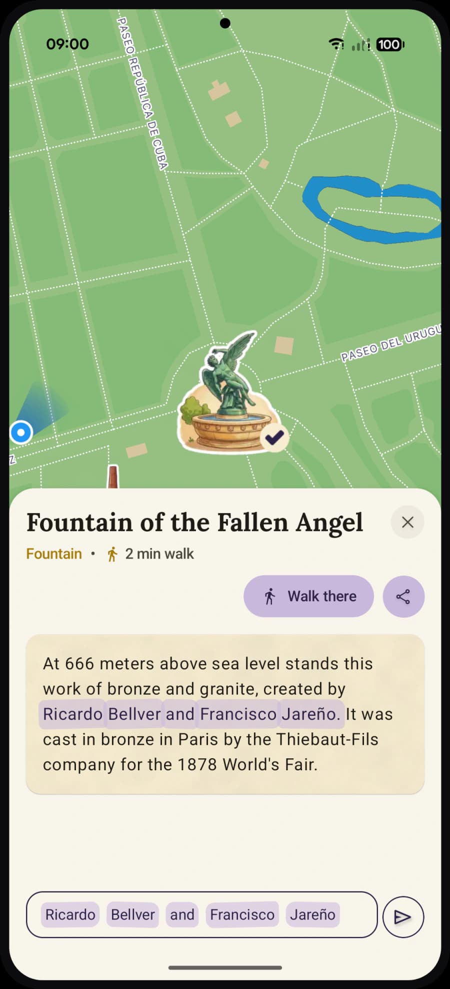 Waonder place detail for the Fountain of the Fallen Angel with tappable threads to ask about