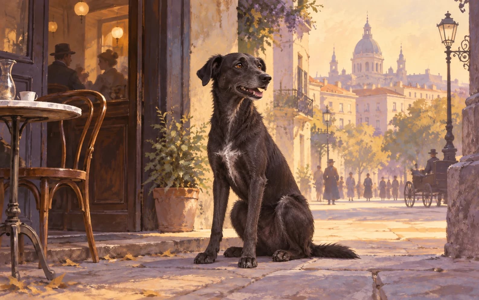 Ilustración evocadora de un perro negro ante un café del Madrid del siglo XIX; no representa la estatua ni una escena documentada