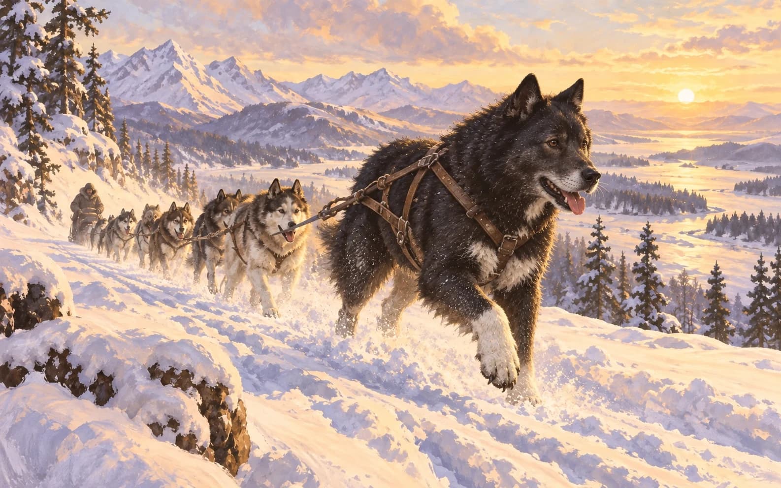 Ilustración evocadora de Balto, de pelaje oscuro, al frente de un equipo de perros de trineo en la nieve; no reconstruye su recorrido real