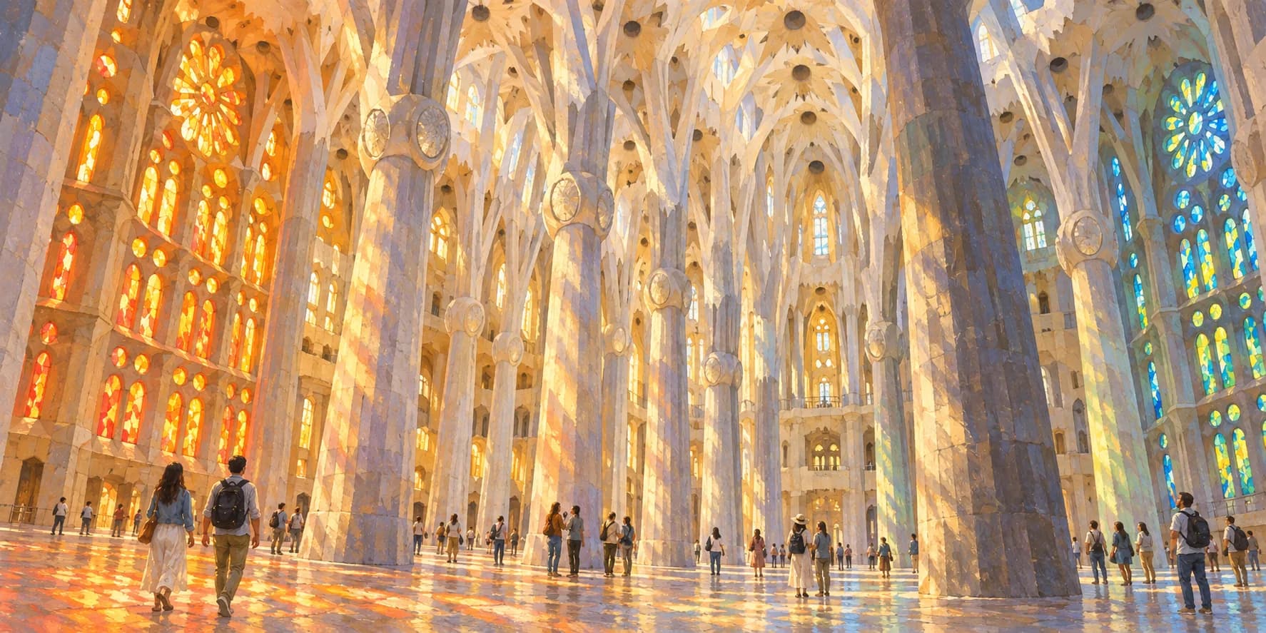 Painterly interpretation of the Sagrada Família interior, with branching columns, a geometric canopy and stained-glass light above small visitors