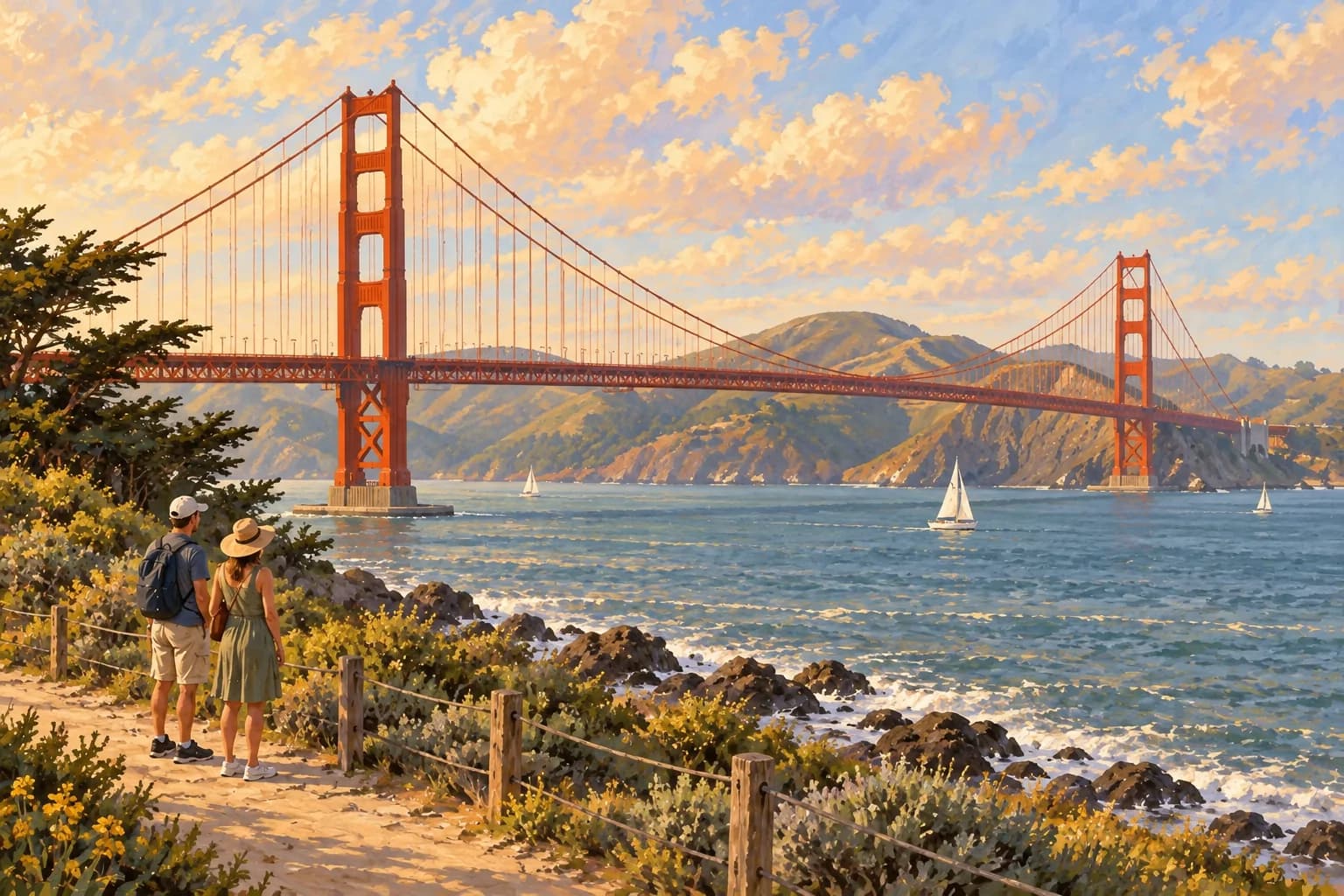 Illustration of the Golden Gate Bridge from the San Francisco shoreline, with its two orange towers above the strait