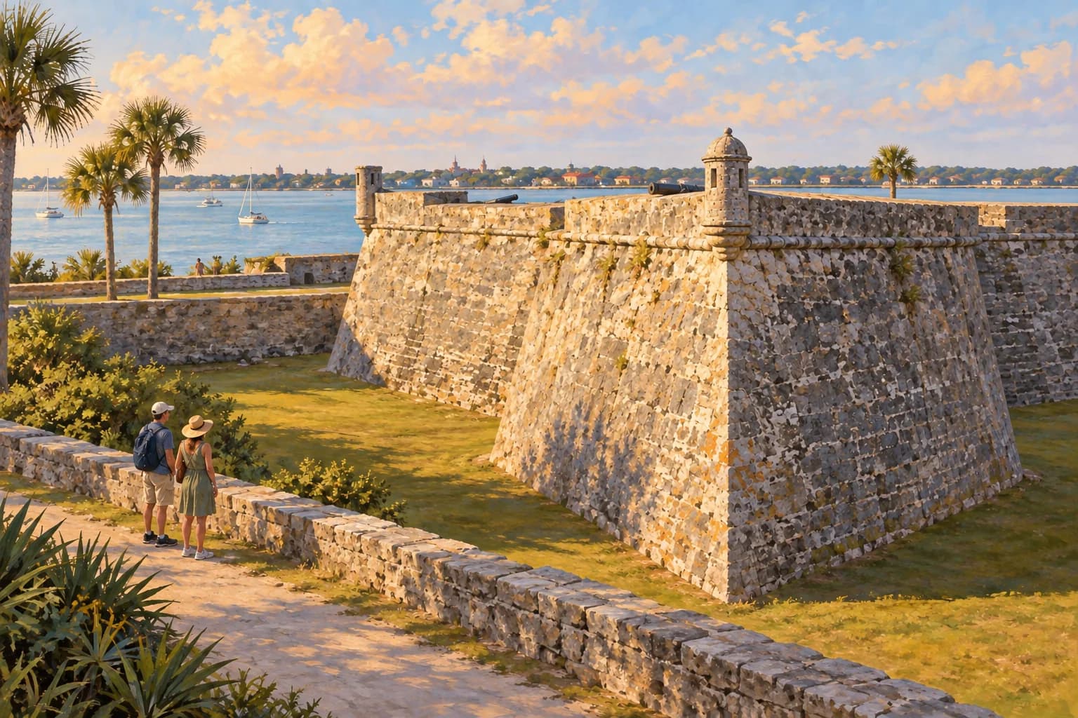 Illustration of Castillo de San Marcos: a low coquina-stone bastion beside Matanzas Bay in St. Augustine
