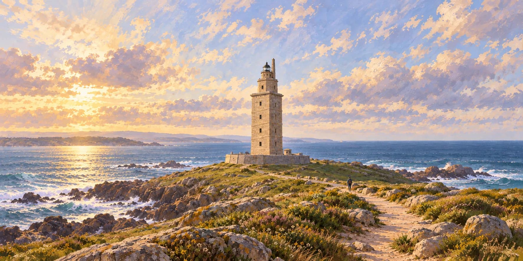 Painted interpretation of A Coruña's Tower of Hercules, with its square shaft and stepped upper structure on a coastal hill