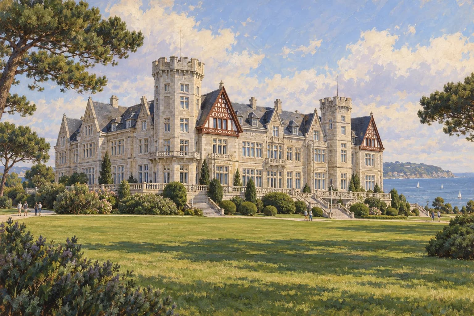 Documentary-style illustration of Palacio de la Magdalena from its gardens, with stone towers, dark roofs and timber-framed gables