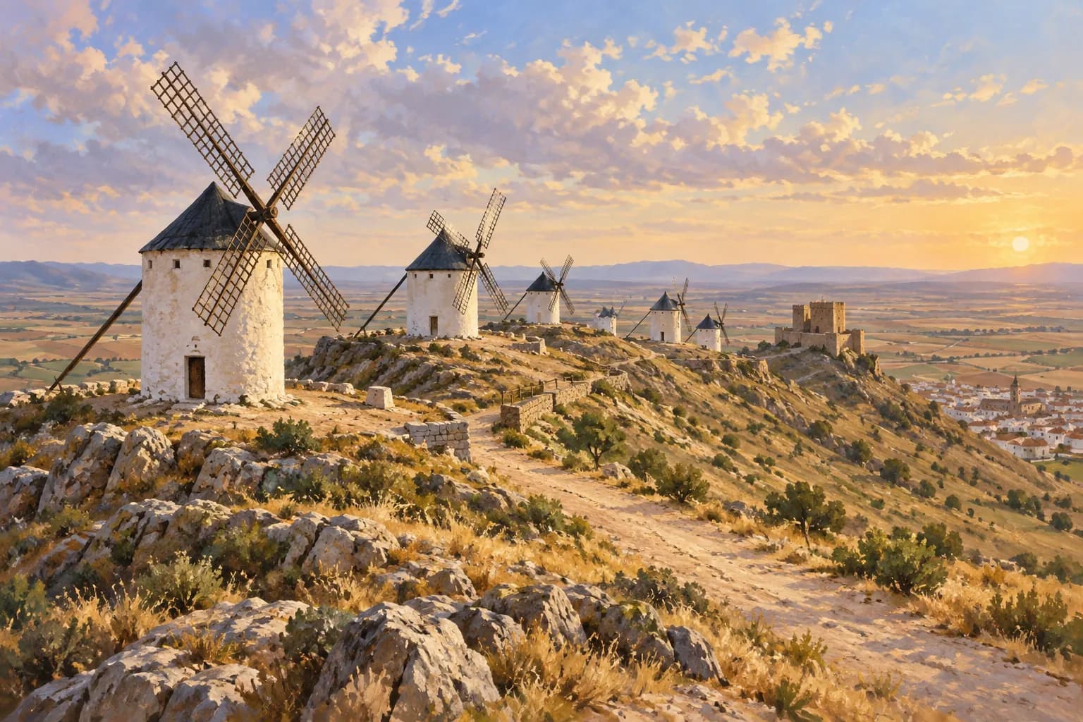 Illustration of several white windmills on Consuegra's Cerro Calderico; interpreted landscape, not a photograph