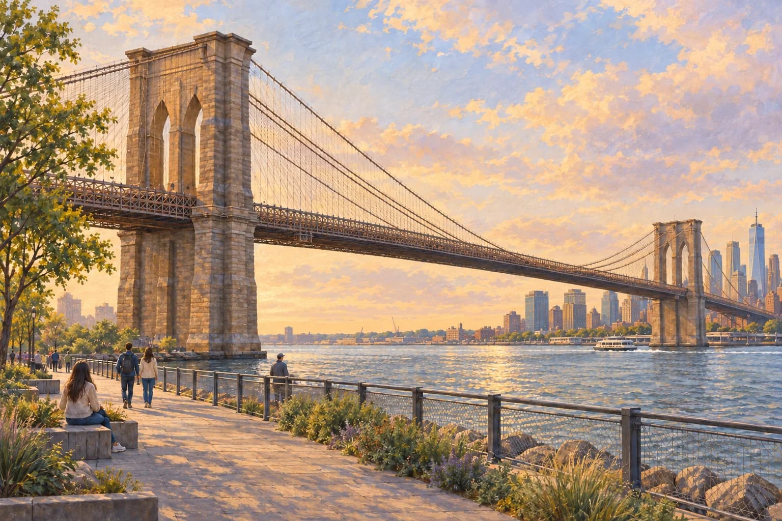Illustration of the Brooklyn Bridge's two stone towers and cables above the East River beside a waterfront walk